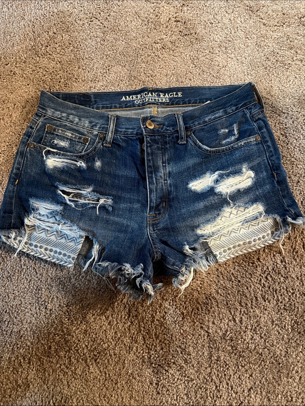 American Eagle Dark Blue Distressed Denim Shorts with Embroidered Underlay